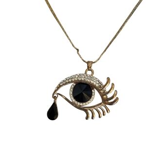 ​Evil Eye Pendant Necklace Gold Tone Rhinestone & Black Stone Dangle Charm